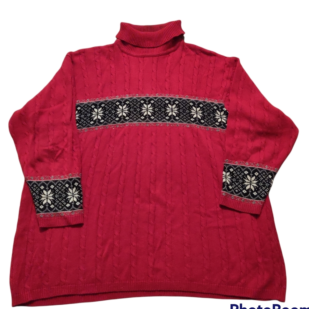 Vintage Size 3X Nordic / Christmas Red & Black with Snowflake Cotton Sweater